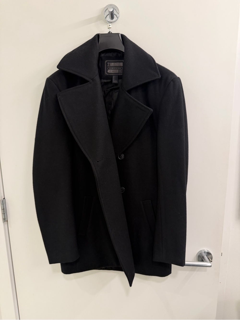21men Black Pea Coat with Notch Collar